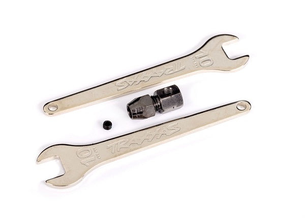 Motor coupler, collet style/ GS 4x3 (with threadlock) (1)/ Wrench, 10mm (2)