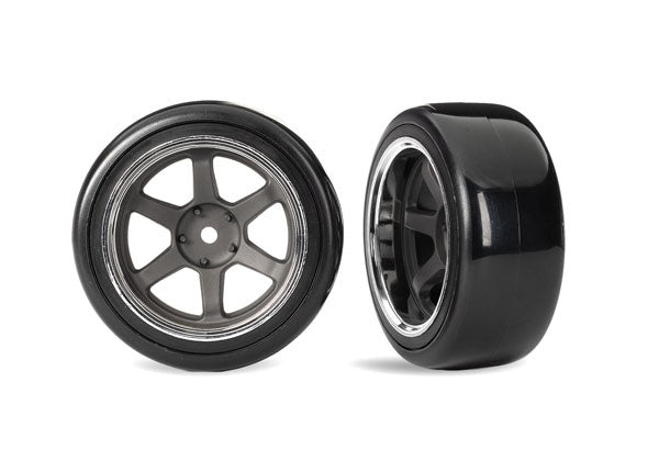 Drift Tires &amp; wheels Assem Six Spoke Graphite Gray Wheels Chrome Rim 1.9" (2)