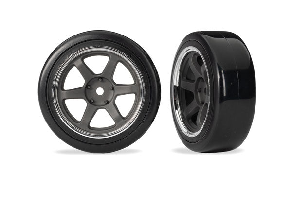 Drift Tires &amp; wheels Assem Six Spoke Graphite Gray Wheels Chrome Rim 1.9" (2)