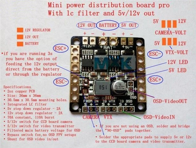 Distribution Board PDB with OSD BEC Output 5V 12V 3A LC Filter for Naze32 F3