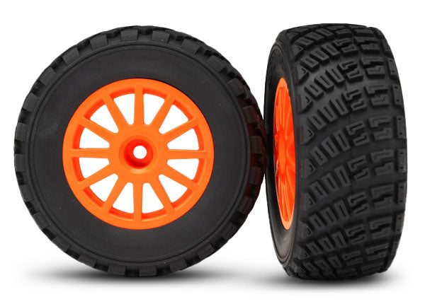 Traxxas 7473A Tires &amp; wheels assembled glued (orange wheels Rally gravel pattern tires foam inserts) (2) (TSM rated)
