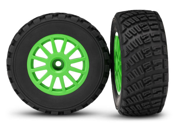 Traxxas 7473X Tires & wheels assembled glued (Green wheels Rally gravel pattern tires foam inserts) (2) (TSM rated)