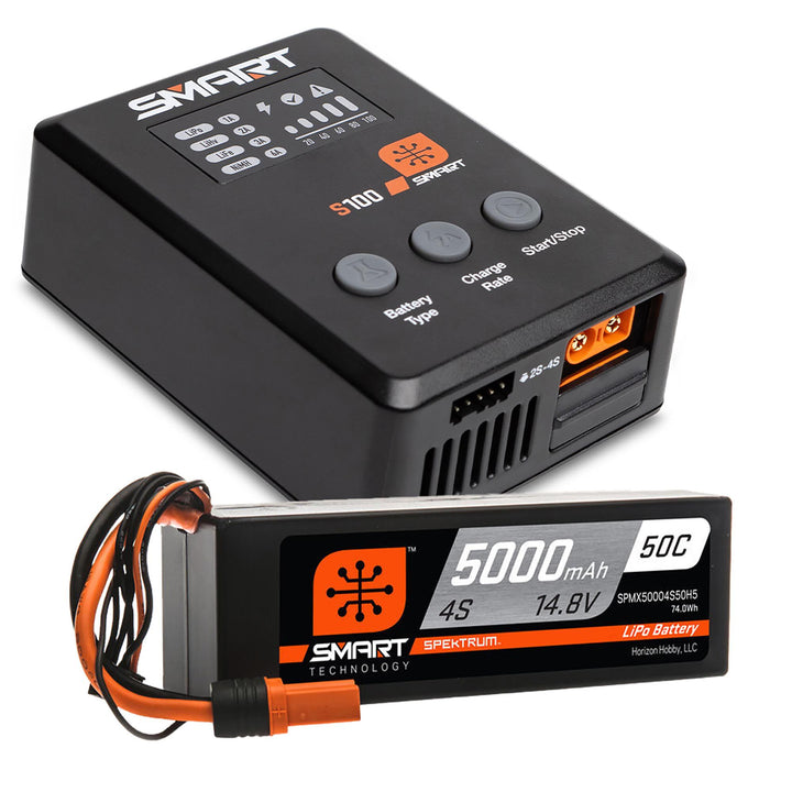Spektrum Smart Powerstage Surface Bundle: 5000mAh 4S 50C LiPo Battery (IC5) / 100W S100 Charger SPMX-1035