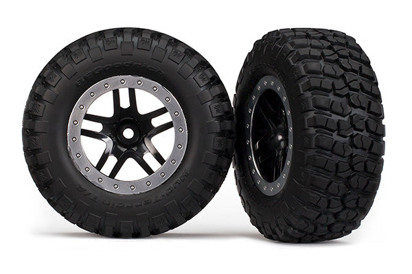 Traxxas 5885 Tires &amp; wheels assembled glued (SCT Split-Spoke black satin chrome beadlock wheels  BFG Mud-Terrain  TA KM2 tires  foam inserts) (2) (2WD Front)