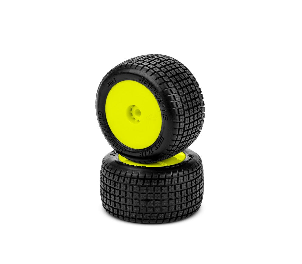 JConcepts Dirt Trac Mini - green compound, pre-mounted, yellow wheels (Fits - Losi Mini-B | Mini-T rear 2.0) 4120-2221