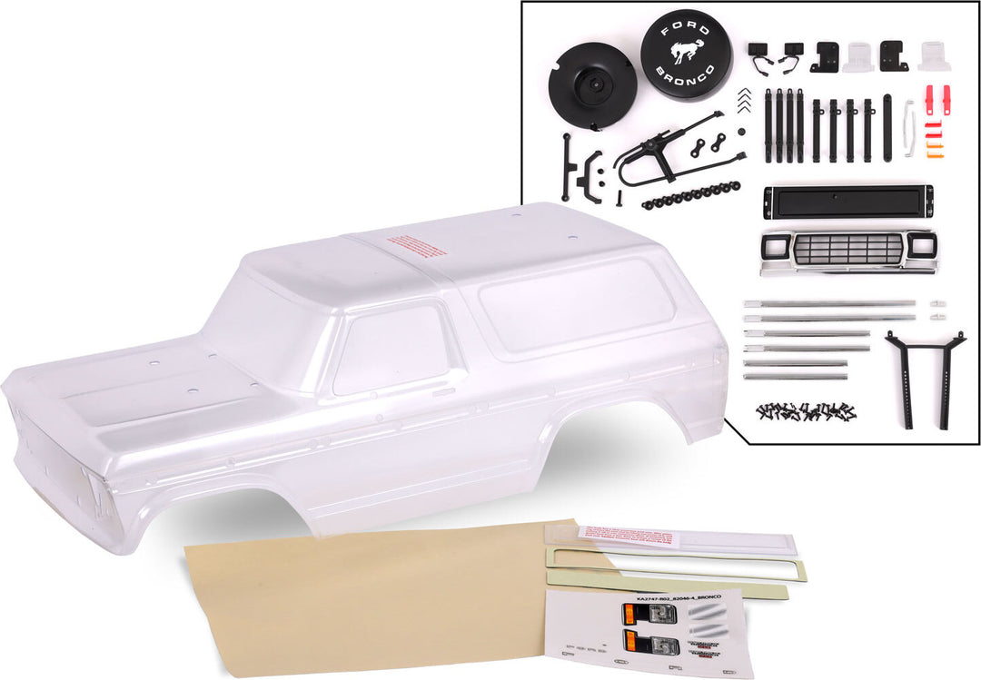 Body, Ford Bronco (1979), Complete (clear, Trimmed, Requires Painting) (includes Grille, Side Mirrors, Door Handles, Windshield Wipers, Spare Tire Mount, Decals, Window Masks) (requires #8072 Inner Fenders)