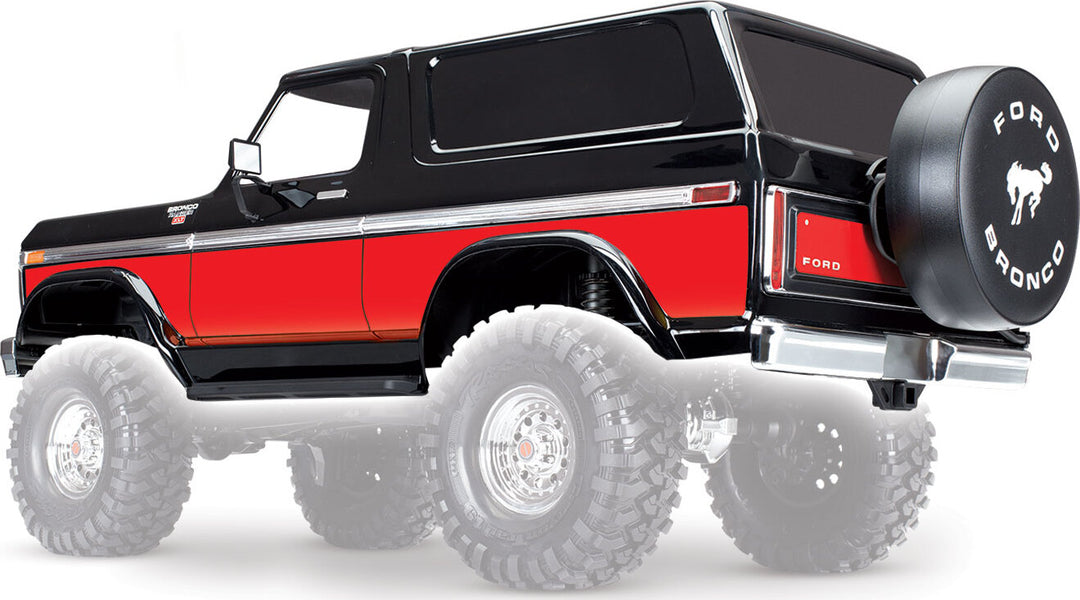 Body, Ford Bronco, complete (black) (includes front and rear bumpers, push bar, rear body mount, grill, side mirrors, door handles, windshield wipers, spare tire mount, red and sunset decals) (requires 