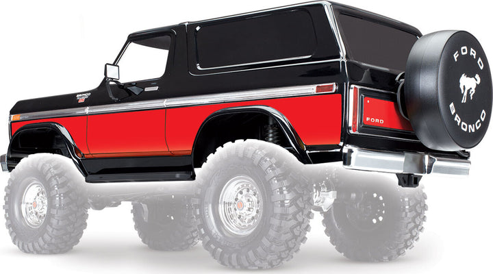 Body, Ford Bronco, complete (black) (includes front and rear bumpers, push bar, rear body mount, grill, side mirrors, door handles, windshield wipers, spare tire mount, red and sunset decals) (requires 