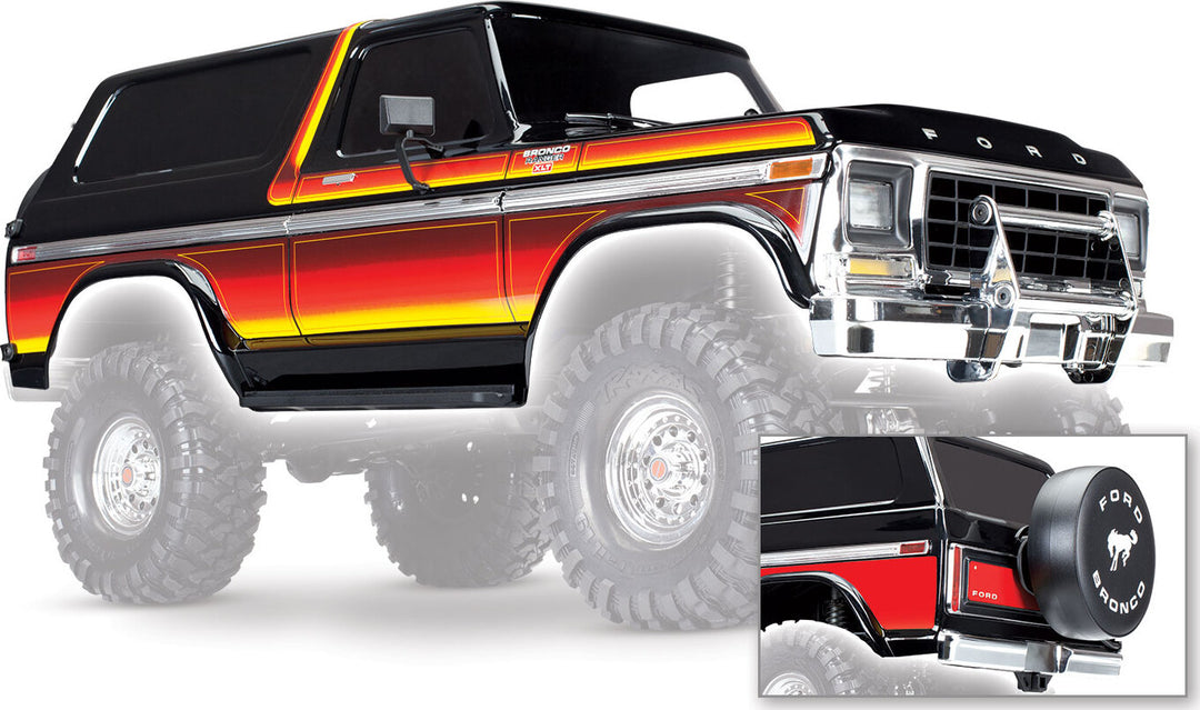 Body, Ford Bronco, complete (black) (includes front and rear bumpers, push bar, rear body mount, grill, side mirrors, door handles, windshield wipers, spare tire mount, red and sunset decals) (requires 