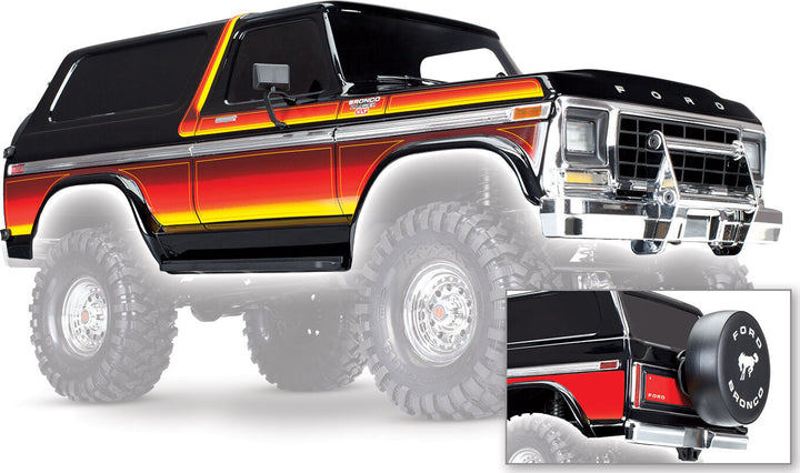 Body, Ford Bronco, complete (black) (includes front and rear bumpers, push bar, rear body mount, grill, side mirrors, door handles, windshield wipers, spare tire mount, red and sunset decals) (requires 