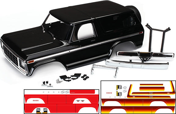 Body, Ford Bronco, complete (black) (includes front and rear bumpers, push bar, rear body mount, grill, side mirrors, door handles, windshield wipers, spare tire mount, red and sunset decals) (requires 