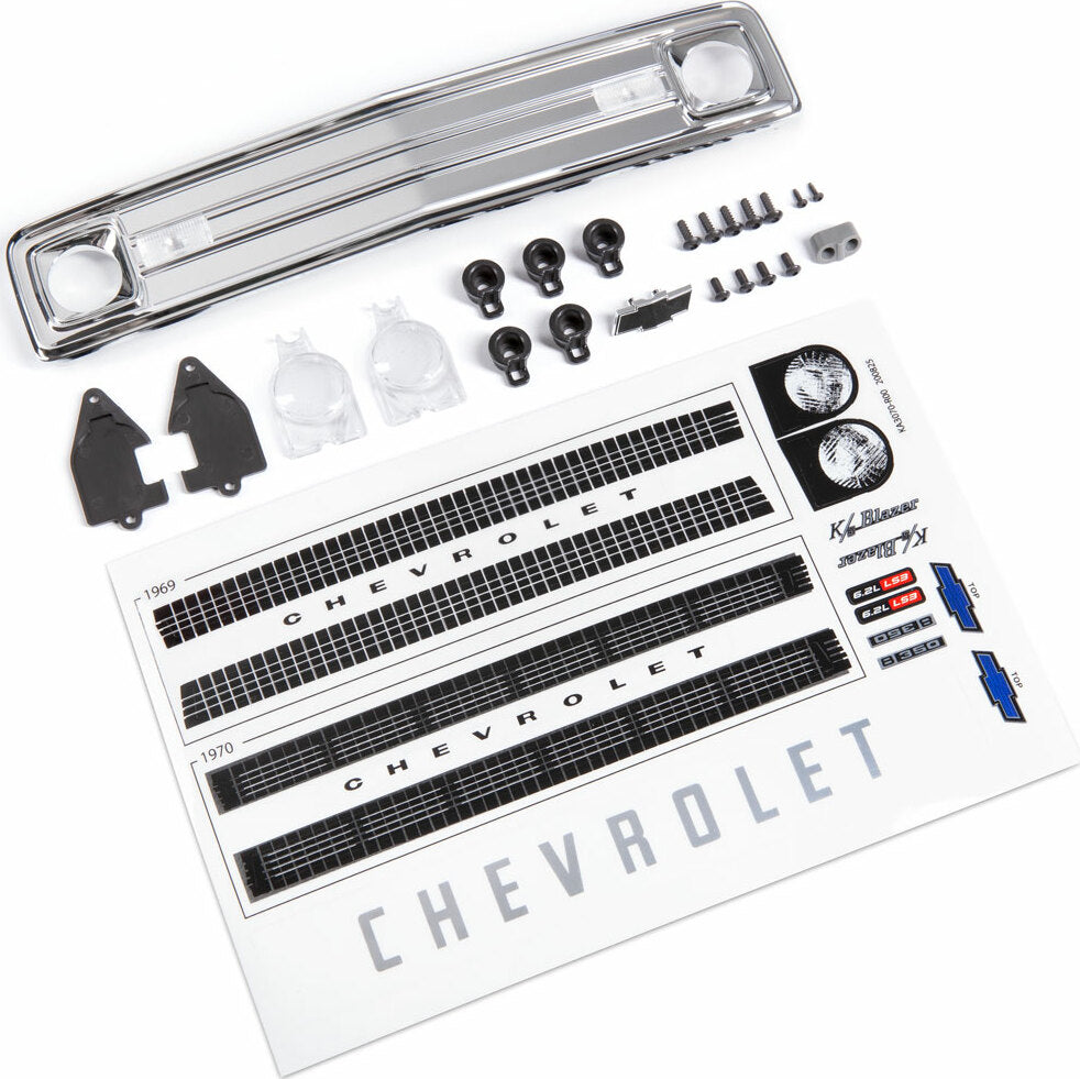 Grille, Chevrolet Blazer (1969 - 1970)/ Grille Retainers (5)/ Headlight Housing (2)/ Headlight Lens (2)/ Turn Signal Lens (2)/ Hood Emblem/ Hood Emblem Mount/ 2.6x8 BCS (5)/ 2.5x6 BCS (4)/ 1.6x5 BCS (self-tapping) (2) (fits #9112 Body)