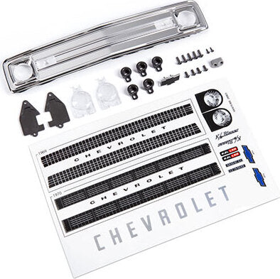 Grille, Chevrolet Blazer (1969 - 1970)/ Grille Retainers (5)/ Headlight Housing (2)/ Headlight Lens (2)/ Turn Signal Lens (2)/ Hood Emblem/ Hood Emblem Mount/ 2.6x8 BCS (5)/ 2.5x6 BCS (4)/ 1.6x5 BCS (self-tapping) (2) (fits #9112 Body)