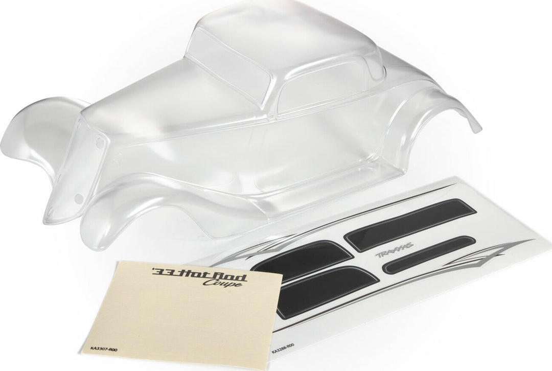 Body, Factory Five '33 Hot Rod Coupe (Clear, Requires Painting)/ Foam Pads (Front and Rear)/ Decal Sheet (Includes Front Grille, Side Mirrors, Headlights, Tail Lights, Mounting Hardware)