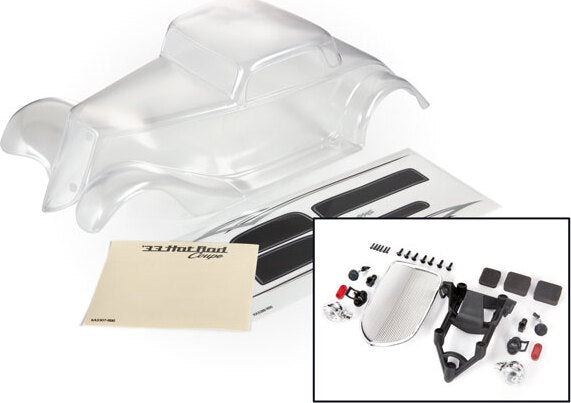 Body, Factory Five '33 Hot Rod Coupe (Clear, Requires Painting)/ Foam Pads (Front and Rear)/ Decal Sheet (Includes Front Grille, Side Mirrors, Headlights, Tail Lights, Mounting Hardware)