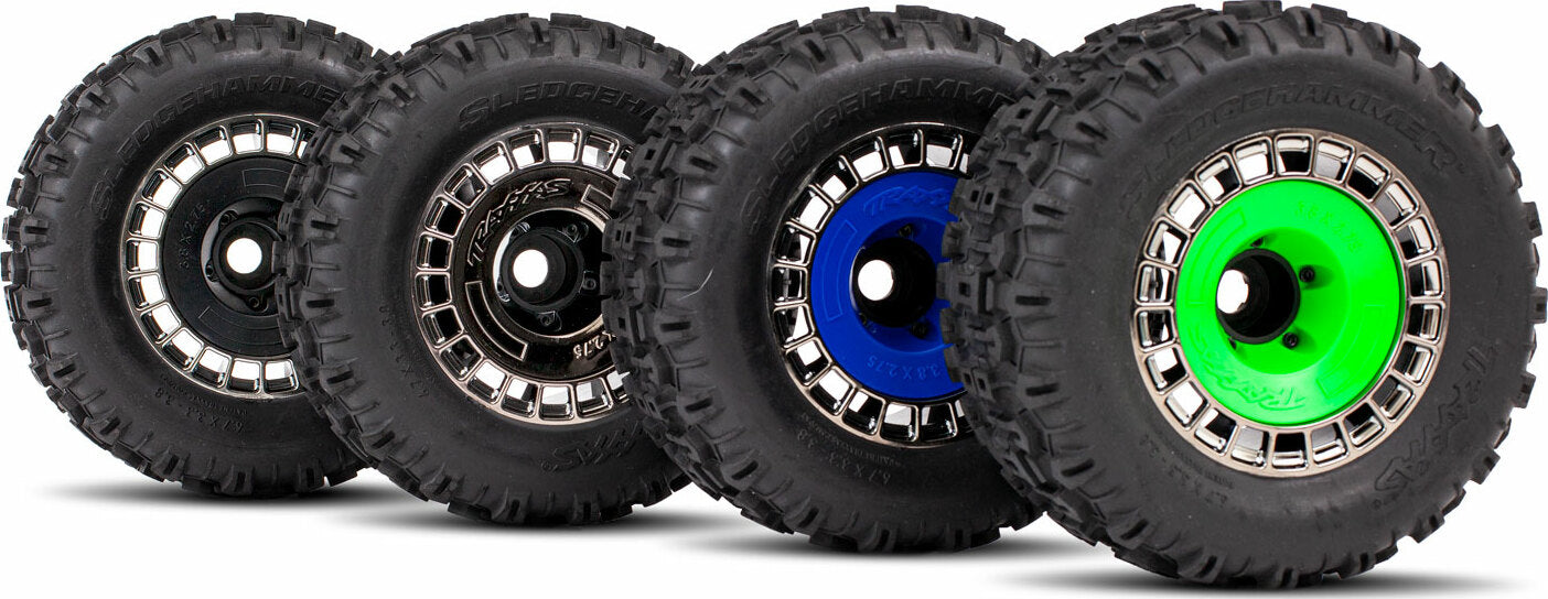 Tires and Wheels, Assembled, Glued (3.8" Satin Chrome Wheels, Satin Chrome Wheel Covers, Sledgehammer® Tires, Foam Inserts) (2)