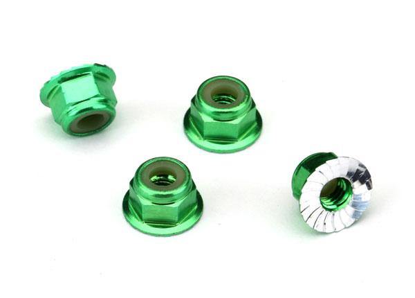 Traxxas 1747G Nuts aluminum flanged serrated (4mm) (green-anodized) (4) - Excel RC