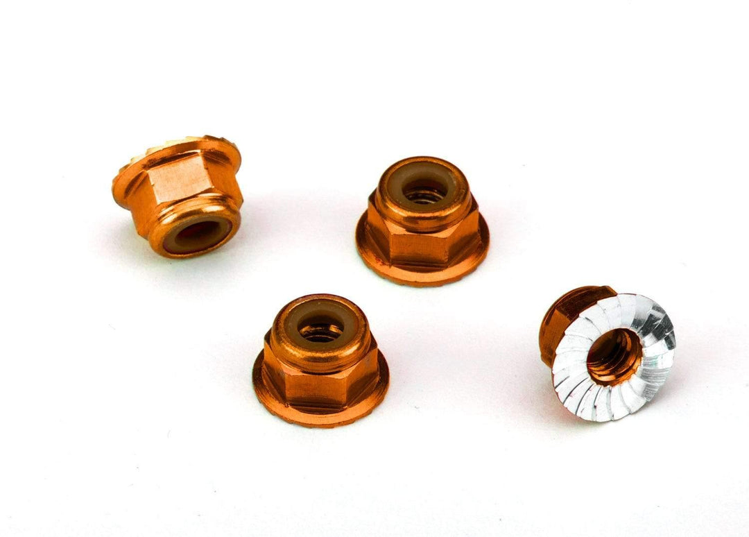 Traxxas 1747T Nuts, aluminum, flanged, serrated (4mm) (orange-anodized) (4) - Excel RC
