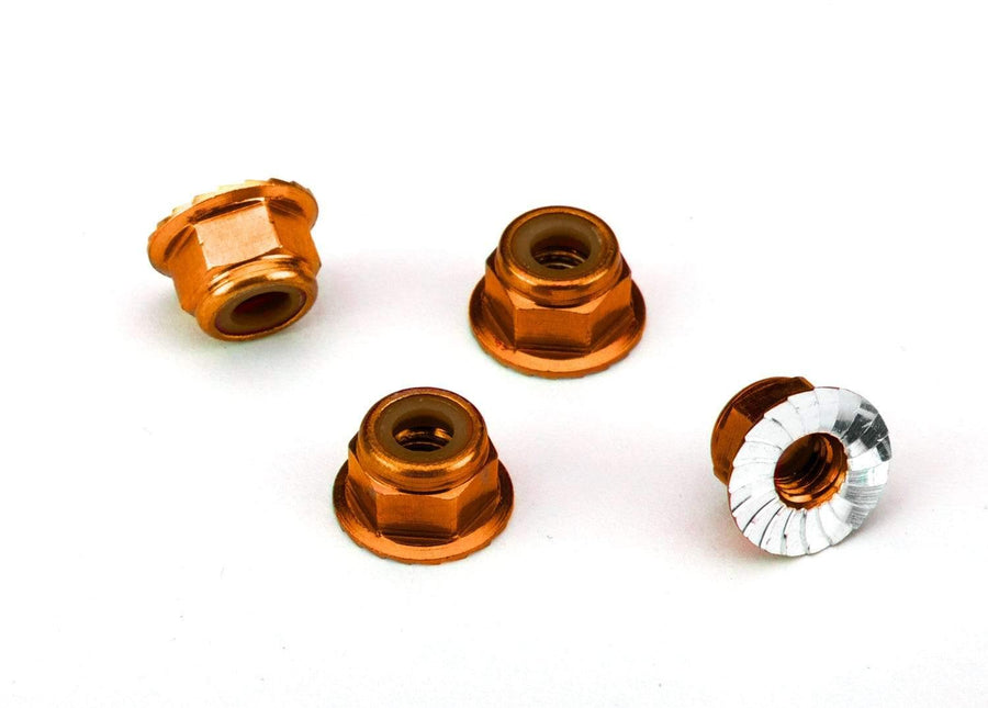 Traxxas 1747T Nuts, aluminum, flanged, serrated (4mm) (orange-anodized) (4) - Excel RC