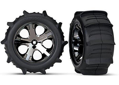 Traxxas 3776 Tires & wheels assembled glued (2.8') (All-Star black chrome wheels paddle tires foam inserts) (2WD electric rear) (2) (TSM rated) - Excel RC