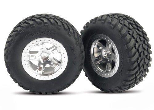 Traxxas 5873 Tires & wheels assembled glued (SCT satin chrome beadlock style wheels SCT off-road racing tires foam inserts) (2) (4WD frontrear 2WD rear only) (TSM rated) - Excel RC