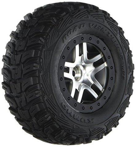 Traxxas 5882 Tires & wheels assembled glued  (SCT Split-Spoke satin chrome black beadlock style wheels Kumho tires foam inserts) (2) (2WD front) - Excel RC