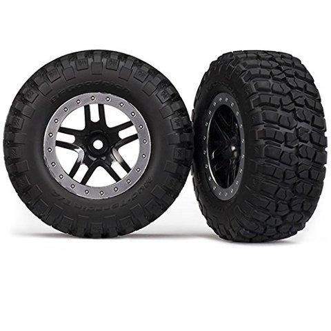 Traxxas 5883 Tires & wheels assembled glued (SCT Split-Spoke black satin chrome beadlock wheels BFGoodrich Mud-Terrain  TA KM2 tire foam inserts) (2) (4WD fr 2WD rear) - Excel RC