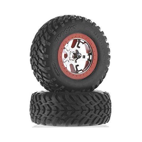 Traxxas 5888 Tires & wheels assembled glued (SCT chrome wheels red beadlock style dual profile (2.2' outer 3.0' inner) SCT off-road racing tires foam inserts) (2) (2wd front) - Excel RC