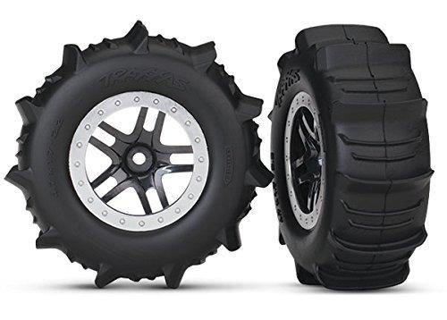 Traxxas 5891 Tires &amp; wheels assembled glued (SCT Split-Spoke satin chrome beadlock style wheels paddle tires foam inserts) (2) (4WD frontrear 2WD rear only) (TSM rated) - Excel RC