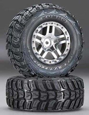 Traxxas 6874 Tires &amp; wheels assembled glued (SCT Split-Spoke satin chrome black beadlock style wheels Kumho tires foam inserts) (2) (4WD frontrear 2WD rear only) - Excel RC