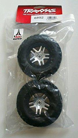 Traxxas 6892 Tires & wheels assembled glued (SCT Split-Spoke satin chrome black beadlock style wheels dual profile (2.2' outer 3.0' inner) SCT off-road racing tires foam inserts) (2) (4WD fr 2WD rear) (TSM rated) - Excel RC