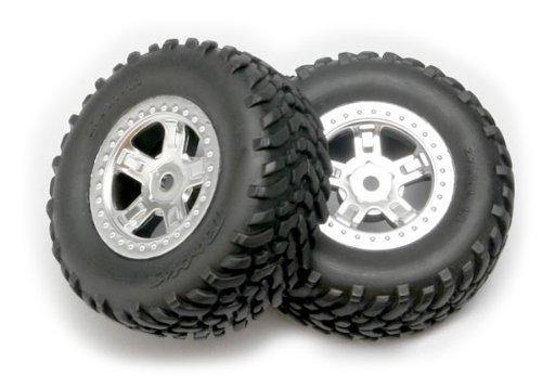 Traxxas 7073 Tires and wheels assembled glued (SCT satin chrome wheels SCT off-road racing tires foam inserts) (1 each right & left) - Excel RC