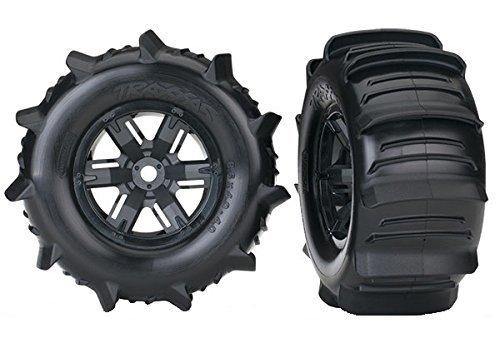 Traxxas 7773 Tires & wheels assembled glued (X-Maxx® black wheels paddle tires foam inserts) (left & right) (2) - Excel RC