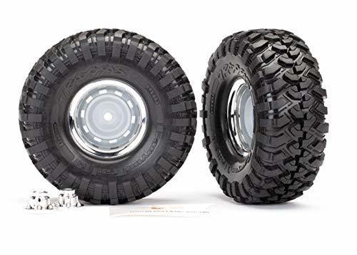 Traxxas 8166 Tires and wheels assembled glued (1.9' chrome wheels Canyon Trail 4.6x1.9” tires) (2) center caps (2) decal sheet (requires #8255A extended stub axle) - Excel RC