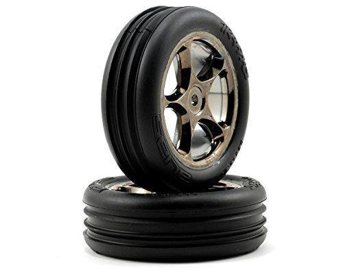 Traxxas 2471A Tires & wheels assembled (Tracer 2.2' black chrome wheels Alias ribbed 2.2' tires) (2) (Bandit front medium compound w foam inserts) - Excel RC