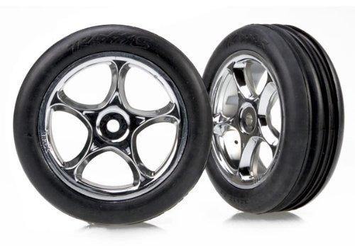 Traxxas 2471R Tires & wheels assembled (Tracer 2.2' chrome wheels Alias ribbed 2.2' tires) (2) (Bandit front soft compound w foam inserts) - Excel RC