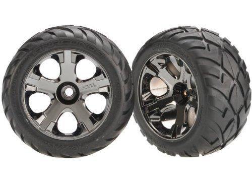 Traxxas 3777A Tires &amp; wheels assembled glued (All-Star black chrome wheels Aconda® tires foam inserts) (nitro front) (1 left 1 right) - Excel RC