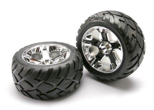 Traxxas 5577R Tires &amp; wheels assembled glued (All-Star chrome wheels Aconda® tires foam inserts) (nitro front) (1 left 1 right) - Excel RC