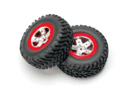 Traxxas 5873A Tires &amp; wheels assembled glued (SCT satin chrome red-beadlock style wheels SCT off-road tires foam inserts) (2) (4WD frontrear 2WD rear only) - Excel RC