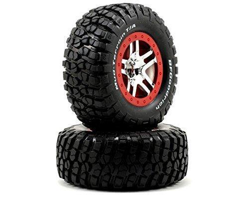 Traxxas 5877A Tires & wheels assembled glued (SCT Split-Spoke chrome red beadlock style wheels BFGoodrich Mud-Terrain  TA KM2 tires foam inserts) (2) (2WD front) - Excel RC