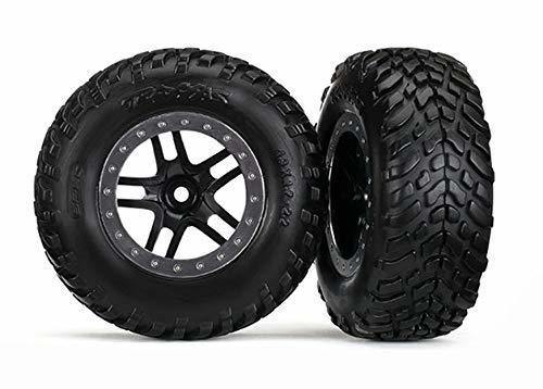 Traxxas 5889R Tires & wheels assembled glued (S1 compound) (SCT Split-Spoke black satin chrome beadlock style wheel dual profile (2.2' outer 3.0' inner) SCT off-road racing tires foam inserts) (2) (4WD fr 2WD rear) (TSM rated) - Excel RC