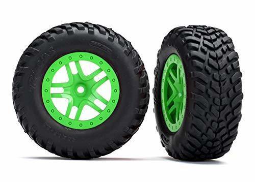 Traxxas 5892G Tires &amp; wheels assembled glued (SCT Split-Spoke green wheels SCT off-road racing tires foam inserts) (2) (4WD fr 2WD rear) (TSM rated) - Excel RC