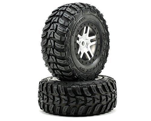 Traxxas 5976R Tires &amp; wheels assembled glued (S1 ultra-soft off-road racing compound) (SCT Split-Spoke satin chrome black beadlock style wheels dual profile (2.2&