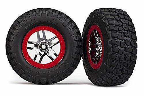 Traxxas 6873A Tires & wheels assembled glued (SCT Split-Spoke chrome red beadlock style wheels BFGoodrich Mud-Terrain  TA KM2 tires foam inserts) (2) (4WD fr 2WD rear) - Excel RC