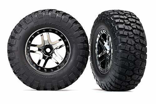 Traxxas 6873T Tires &amp; wheels assembled glued (SCT Split-Spoke black chrome beadlock style wheels BFGoodrich Mud-Terrain TA KM2 ultra-soft S1 compound off-road racing tires foam inserts) (2) (4WD fr 2WD rear) (TSM rated) - Excel RC