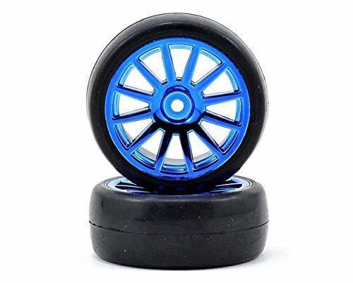 Traxxas 7573R Tires &amp; wheels assembled glued (12-spoke blue chrome wheels slick tires) (2) - Excel RC