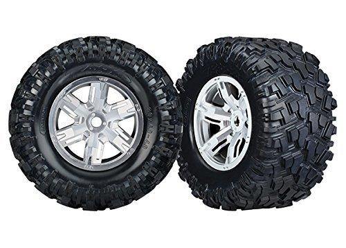 Traxxas 7772R Tires &amp; wheels assembled glued (X-Maxx® satin chrome wheels Maxx® AT tires foam inserts) (left &amp; right) (2) - Excel RC