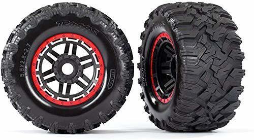 Traxxas 8972R Tires & wheels assembled glued (black red beadlock style wheels Maxx MT tires foam inserts) (2) (17mm splined) (TSM® rated) - Excel RC