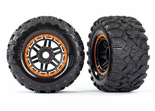 Traxxas 8972T Tires & wheels assembled glued (black orange beadlock style wheels Maxx® MT tires foam inserts) (2) (17mm splined) (TSM® rated) - Excel RC