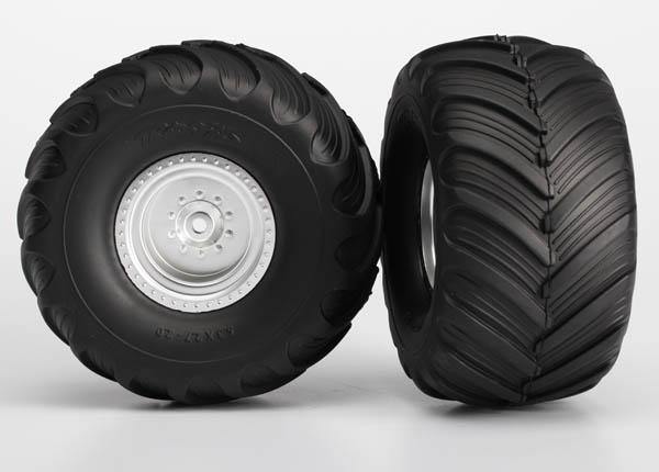 Traxxas 3663 Tires &amp; wheels assembled glued (satin chrome wheels Terra Groove dual profile tires foam inserts) (2WD electric rear) (2) - Excel RC